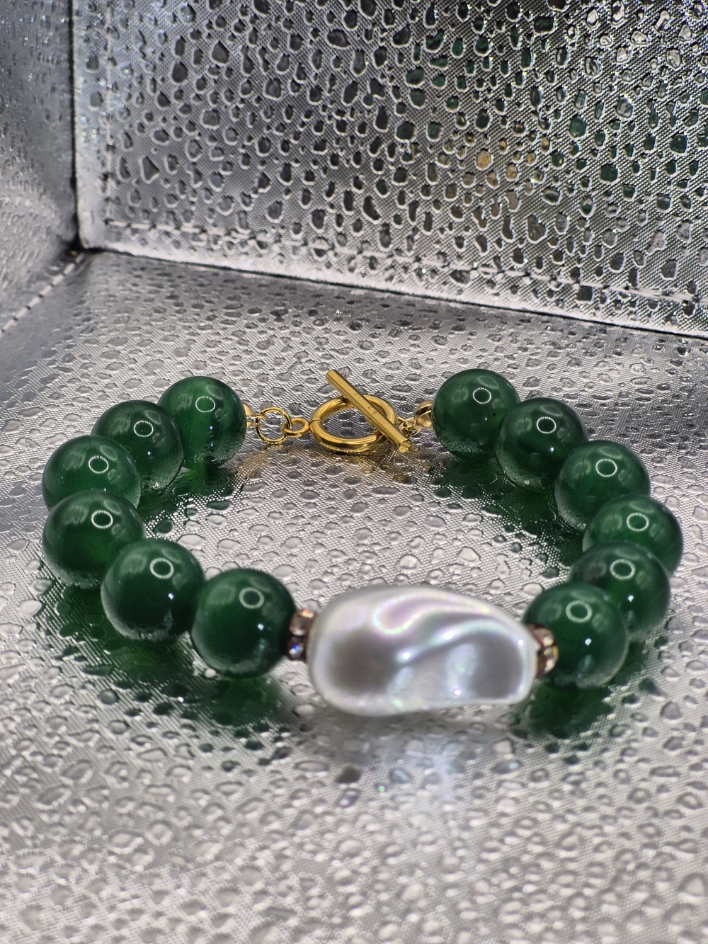 Genuine Verde Onyx, Baroque Pearl And Simulated Diamond Bracelet